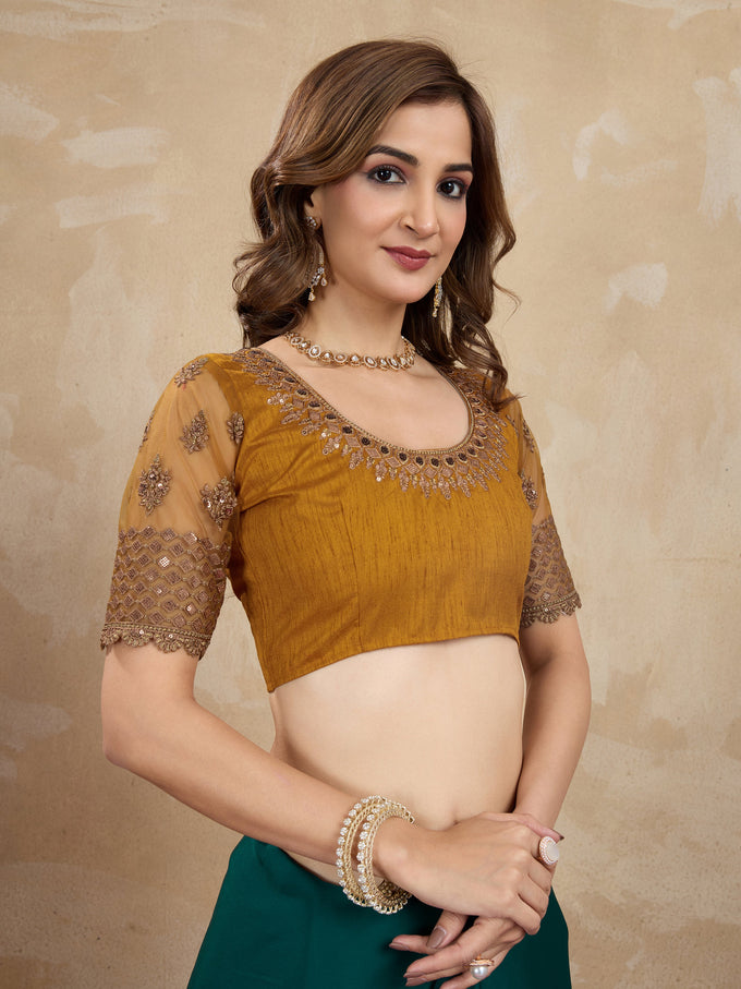 Dark Green Satin Embroidery Work Saree With Unstitched Blouse Piece For Woman's Trendmalls