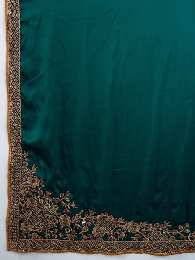Dark Green Satin Embroidery Work Saree With Unstitched Blouse Piece For Woman's Trendmalls