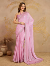Pink Chiffon Embroidery Sequence work Saree with Unstitched Blouse Piece For Women's Trendmalls