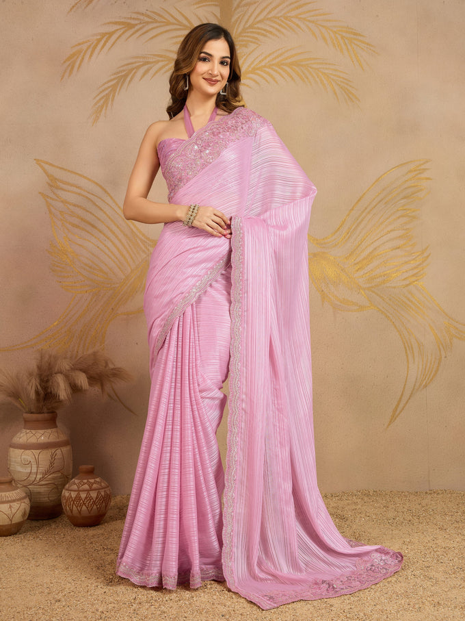 Pink Chiffon Embroidery Sequence work Saree with Unstitched Blouse Piece For Women's Trendmalls