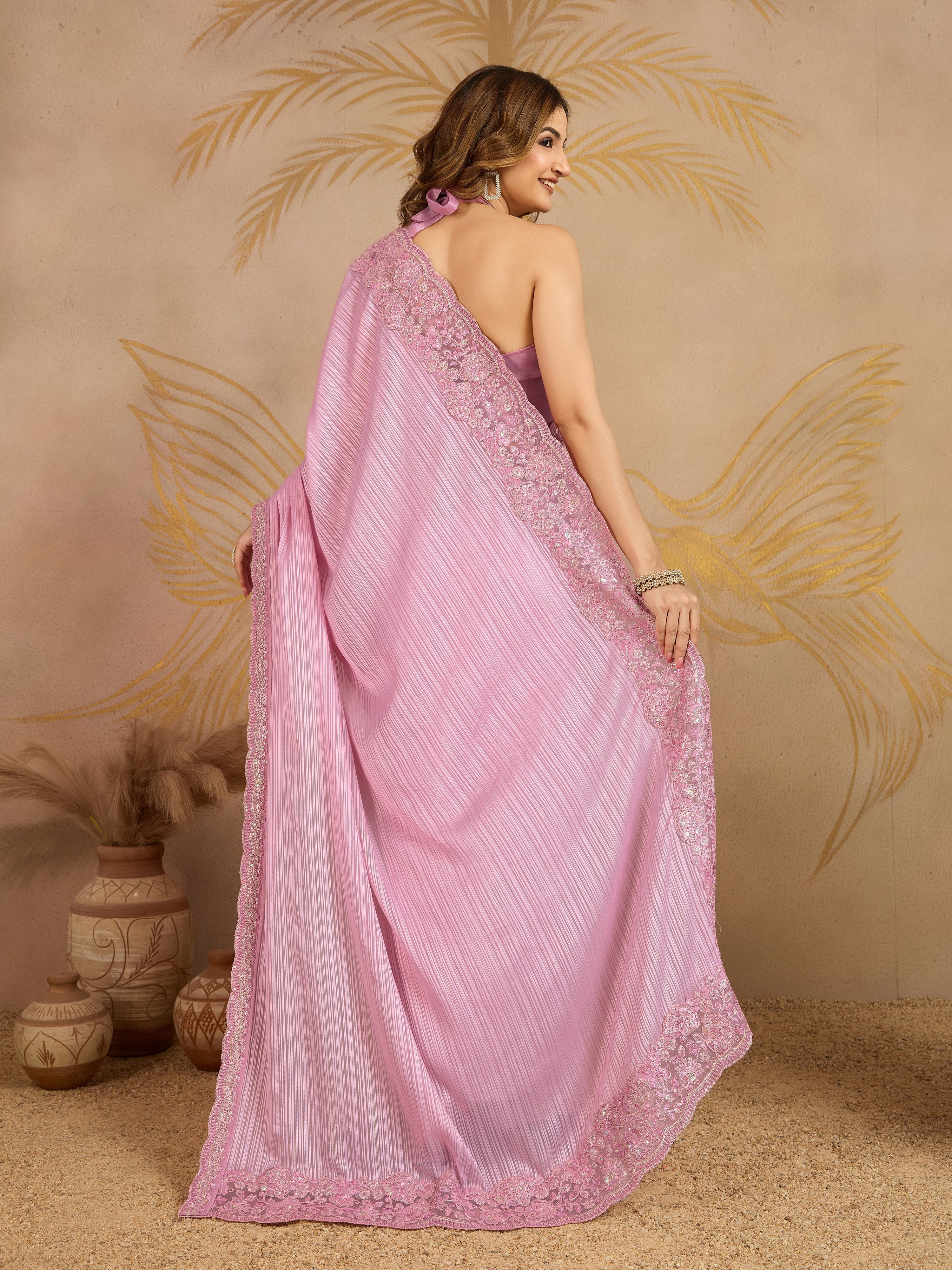 Pink Chiffon Embroidery Sequence work Saree with Unstitched Blouse Piece For Women's Trendmalls