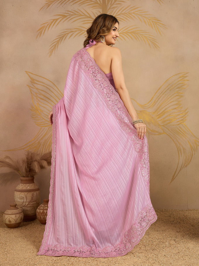 Pink Chiffon Embroidery Sequence work Saree with Unstitched Blouse Piece For Women's Trendmalls