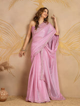 Pink Chiffon Embroidery Sequence work Saree with Unstitched Blouse Piece For Women's Trendmalls