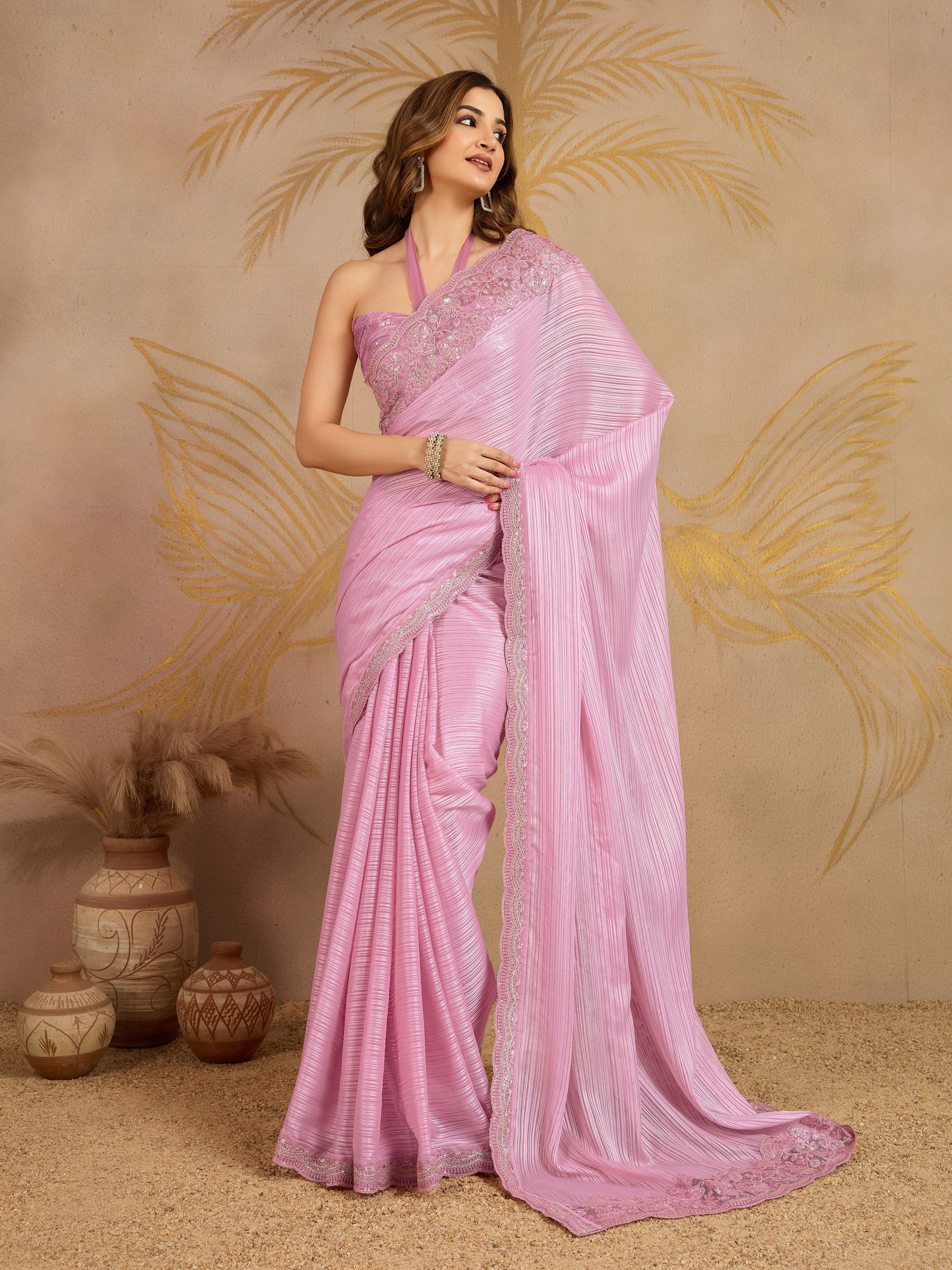 Pink Chiffon Embroidery Sequence work Saree with Unstitched Blouse Piece For Women's Trendmalls