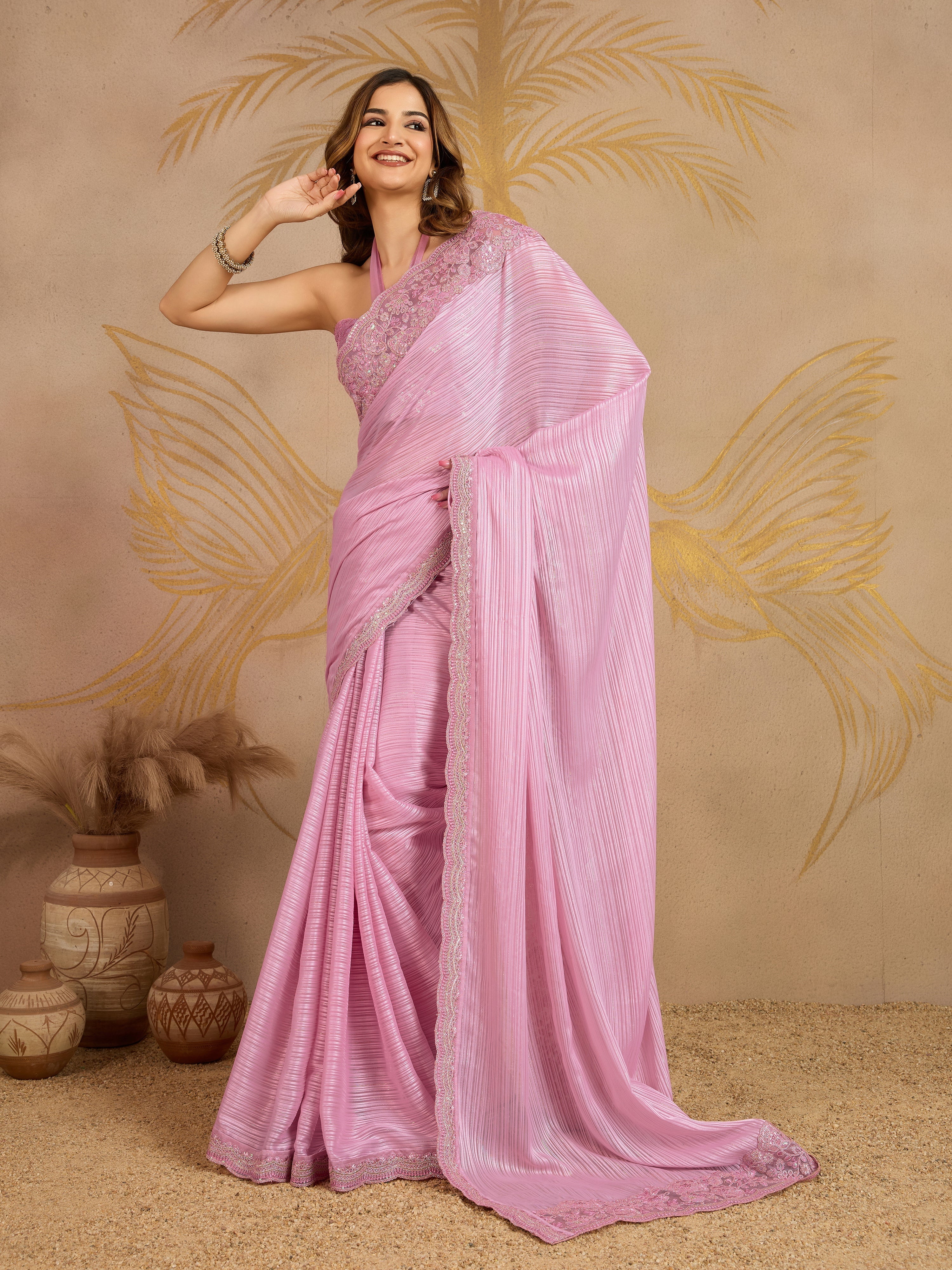 Pink Chiffon Embroidery Sequence work Saree with Unstitched Blouse Piece For Women's Trendmalls