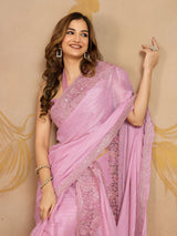 Pink Chiffon Embroidery Sequence work Saree with Unstitched Blouse Piece For Women's Trendmalls