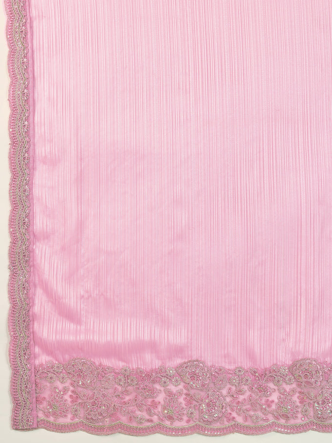 Pink Chiffon Embroidery Sequence work Saree with Unstitched Blouse Piece For Women's Trendmalls