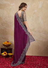 Purple Satin Embroidery Work Saree With Unstitched Blouse Piece For Woman's Trendmalls