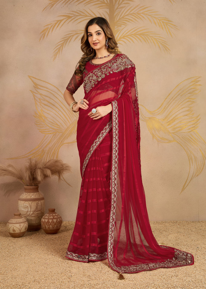 Red Chiffon Embroidery Saree with Unsttiched Blouse Piece For Women's Trendmalls