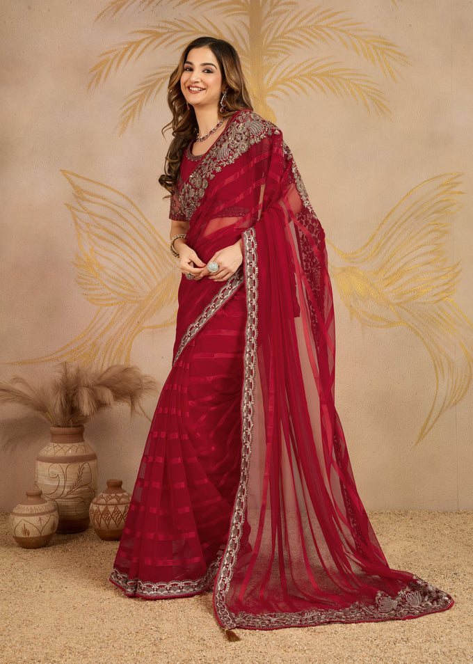 Red Chiffon Embroidery Saree with Unsttiched Blouse Piece For Women's Trendmalls