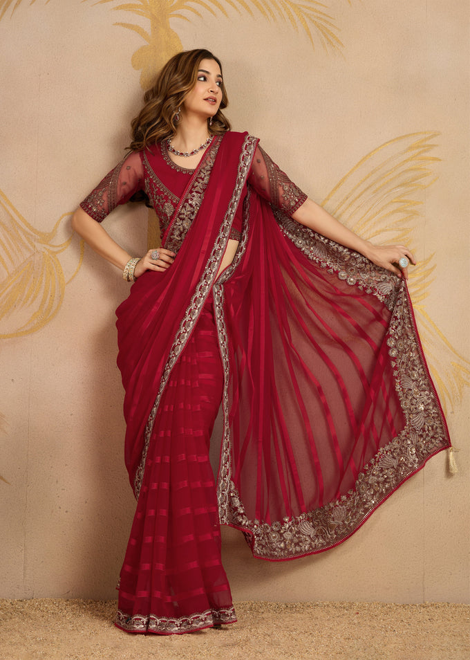 Red Chiffon Embroidery Saree with Unsttiched Blouse Piece For Women's Trendmalls