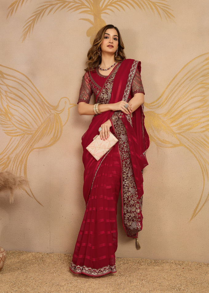 Red Chiffon Embroidery Saree with Unsttiched Blouse Piece For Women's Trendmalls