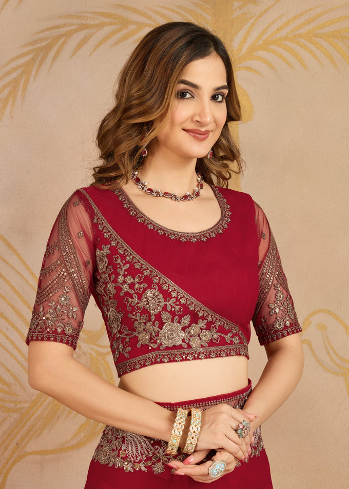 Red Chiffon Embroidery Saree with Unsttiched Blouse Piece For Women's Trendmalls