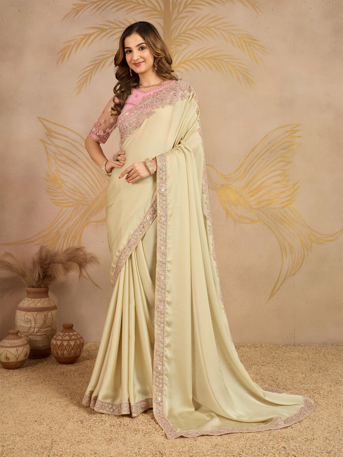 Beige Satin Embroidery work Saree with Unstitched Blouse Piece For Women's Trendmalls