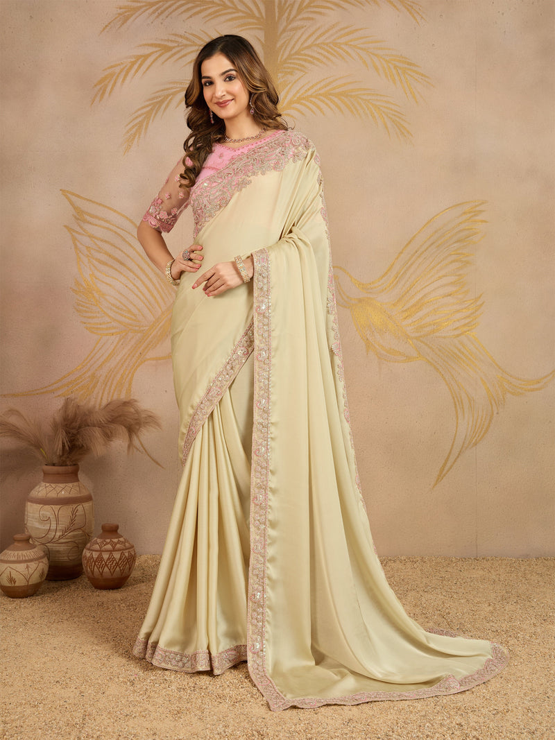 Beige Satin Embroidery work Saree with Unstitched Blouse Piece For Women's Trendmalls