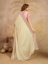 Beige Satin Embroidery work Saree with Unstitched Blouse Piece For Women's Trendmalls