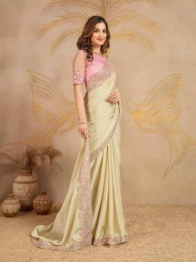 Beige Satin Embroidery work Saree with Unstitched Blouse Piece For Women's Trendmalls