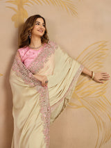 Beige Satin Embroidery work Saree with Unstitched Blouse Piece For Women's Trendmalls