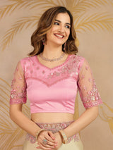 Beige Satin Embroidery work Saree with Unstitched Blouse Piece For Women's Trendmalls