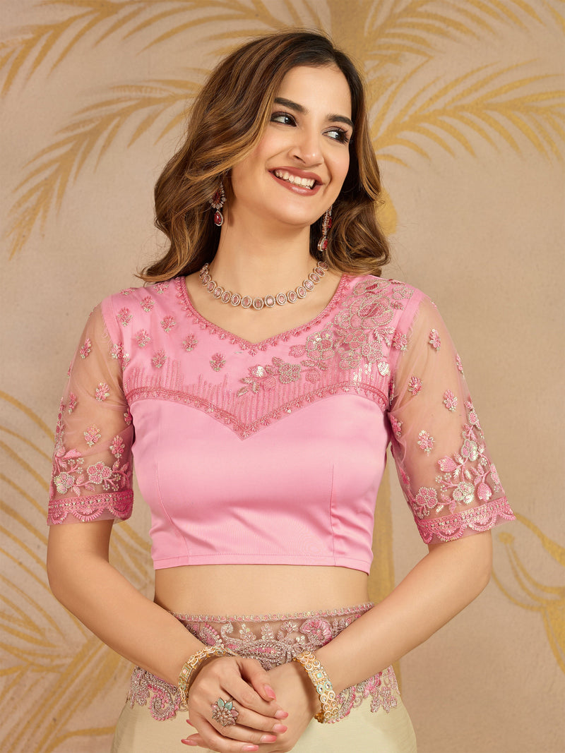 Beige Satin Embroidery work Saree with Unstitched Blouse Piece For Women's Trendmalls