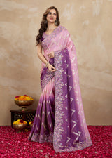 Purple Jecquard Silk Embroidery Work Saree With Unstitched Blouse Piece Trendmalls