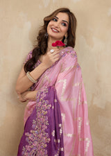 Purple Jecquard Silk Embroidery Work Saree With Unstitched Blouse Piece Trendmalls