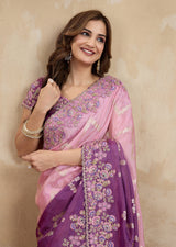 Purple Jecquard Silk Embroidery Work Saree With Unstitched Blouse Piece Trendmalls