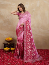 Darkpink Jacquard Silk Embroidery Sequence Work Saree with Unstitched Blouse Piece Trendmalls