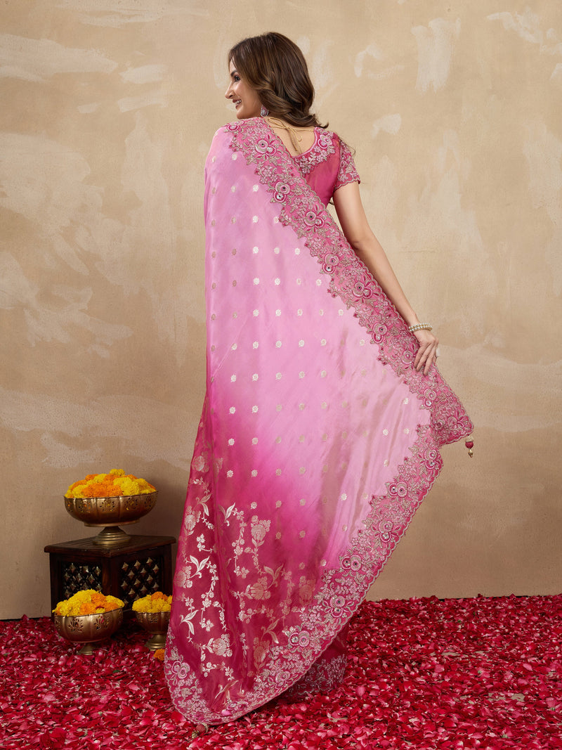 Darkpink Jacquard Silk Embroidery Sequence Work Saree with Unstitched Blouse Piece Trendmalls