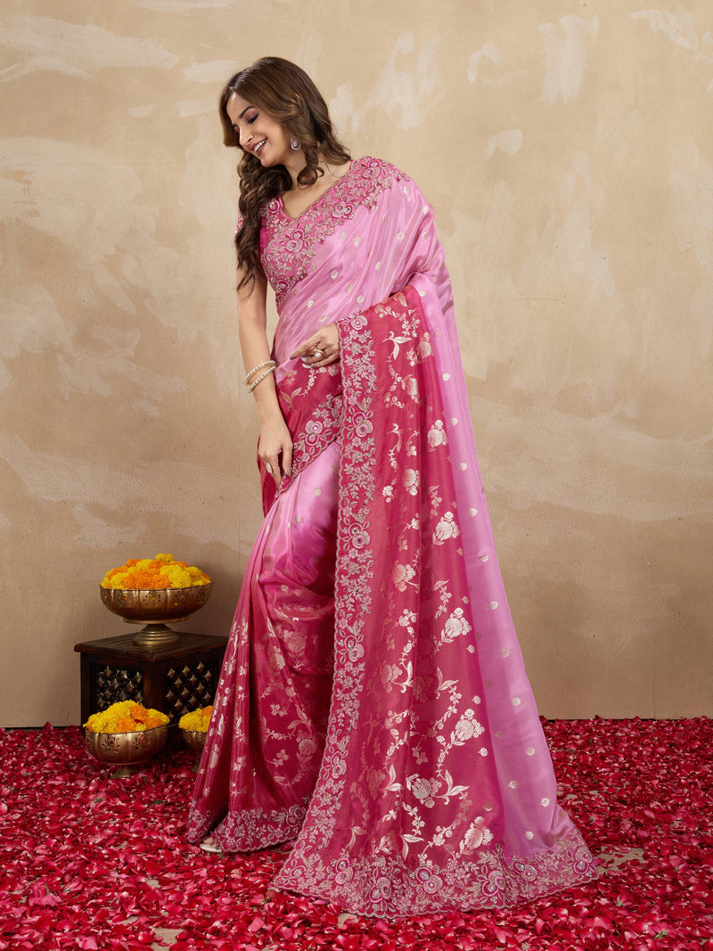 Darkpink Jacquard Silk Embroidery Sequence Work Saree with Unstitched Blouse Piece Trendmalls