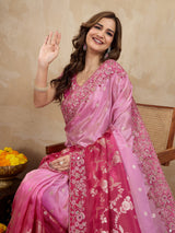 Darkpink Jacquard Silk Embroidery Sequence Work Saree with Unstitched Blouse Piece Trendmalls