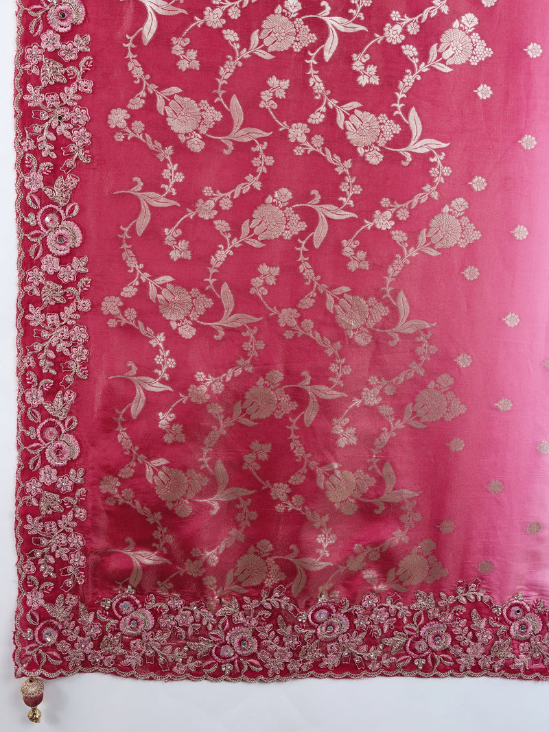 Darkpink Jacquard Silk Embroidery Sequence Work Saree with Unstitched Blouse Piece Trendmalls
