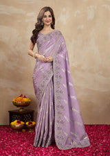 Light Purple Jecquard Silk Embroidery Work Saree With Unstitched Blouse Piece For Woman's Trendmalls