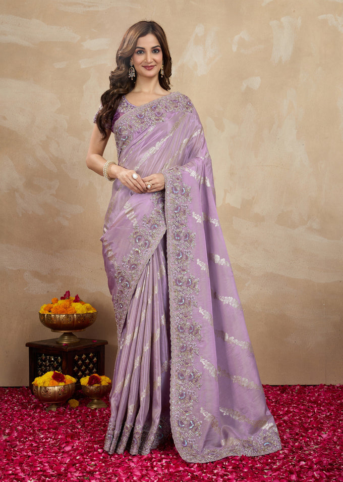 Light Purple Jecquard Silk Embroidery Work Saree With Unstitched Blouse Piece For Woman's Trendmalls