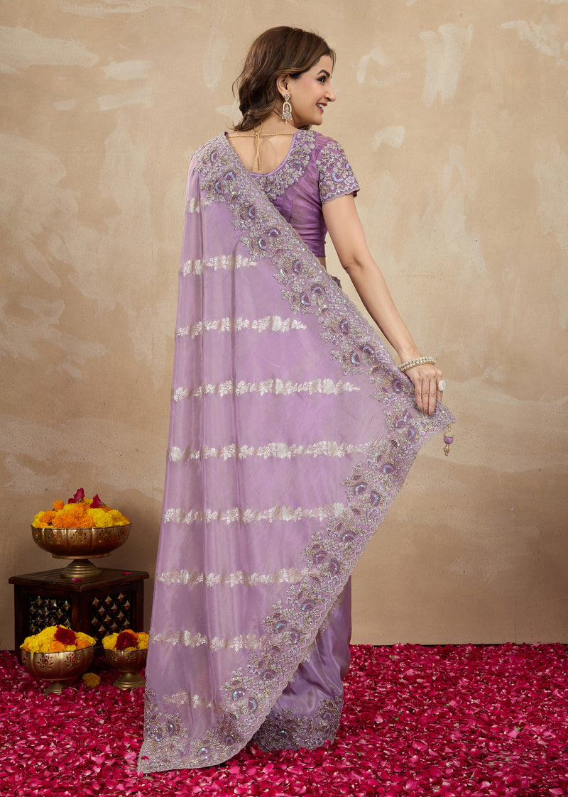 Light Purple Jecquard Silk Embroidery Work Saree With Unstitched Blouse Piece For Woman's Trendmalls
