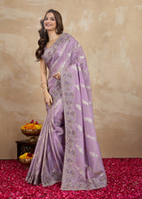 Light Purple Jecquard Silk Embroidery Work Saree With Unstitched Blouse Piece For Woman's Trendmalls