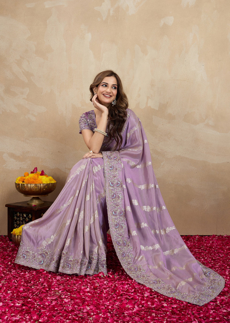 Light Purple Jecquard Silk Embroidery Work Saree With Unstitched Blouse Piece For Woman's Trendmalls