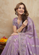 Light Purple Jecquard Silk Embroidery Work Saree With Unstitched Blouse Piece For Woman's Trendmalls