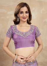 Light Purple Jecquard Silk Embroidery Work Saree With Unstitched Blouse Piece For Woman's Trendmalls