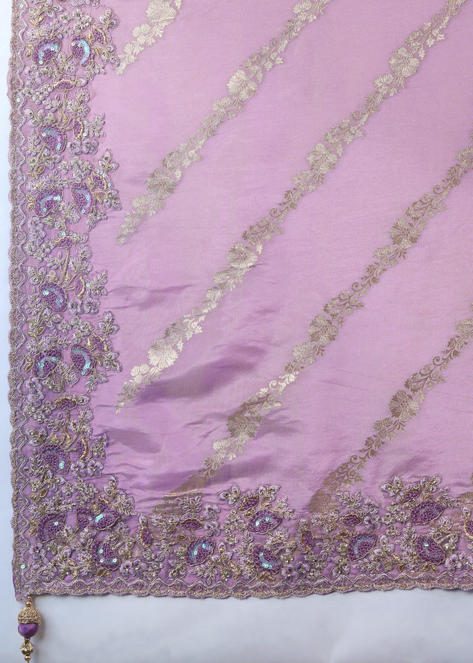 Light Purple Jecquard Silk Embroidery Work Saree With Unstitched Blouse Piece For Woman's Trendmalls