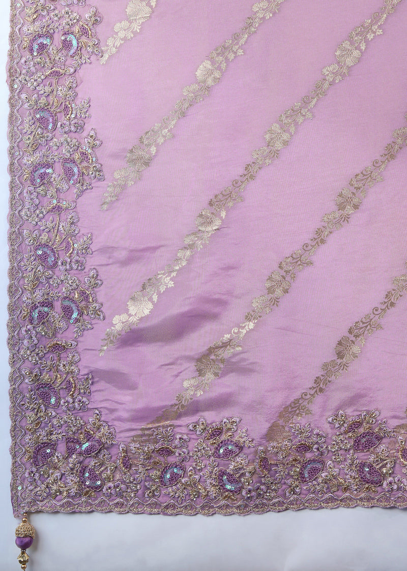 Light Purple Jecquard Silk Embroidery Work Saree With Unstitched Blouse Piece For Woman's Trendmalls