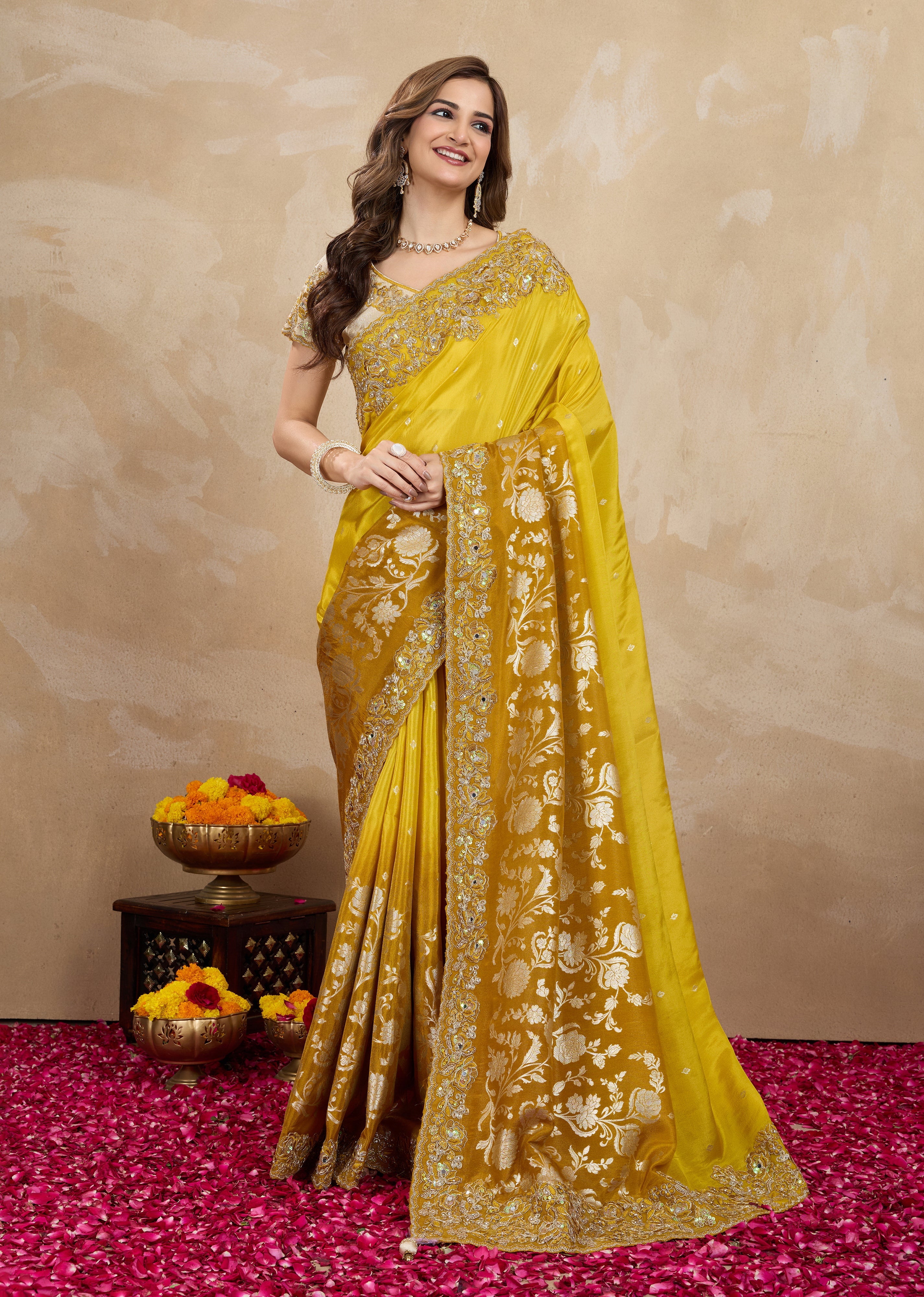 Yellow Jecquard Silk Embroidery Work Saree With Unstitched Blouse Piece For Woman's Trendmalls
