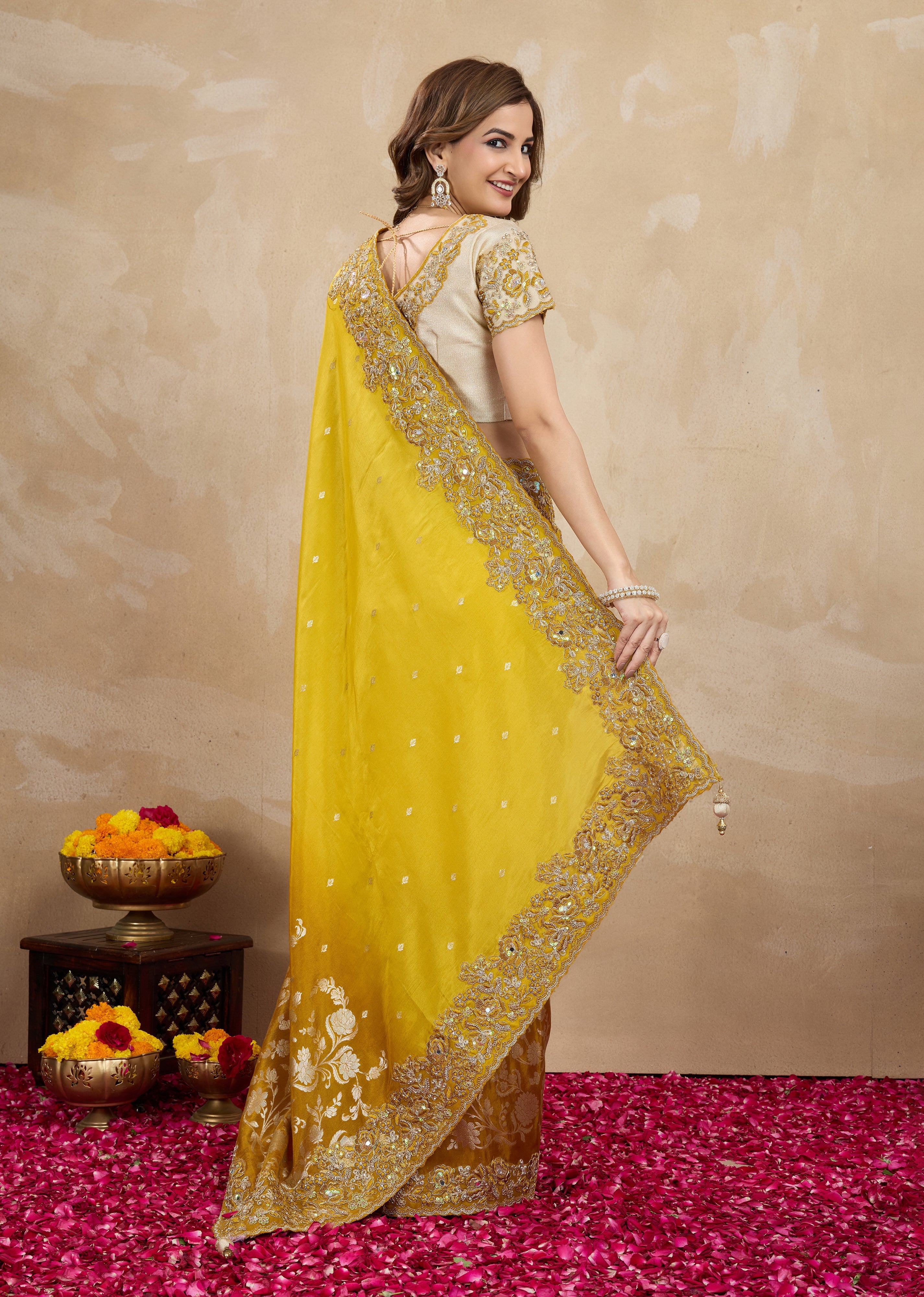 Yellow Jecquard Silk Embroidery Work Saree With Unstitched Blouse Piece For Woman's Trendmalls