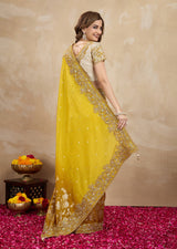 Yellow Jecquard Silk Embroidery Work Saree With Unstitched Blouse Piece For Woman's Trendmalls