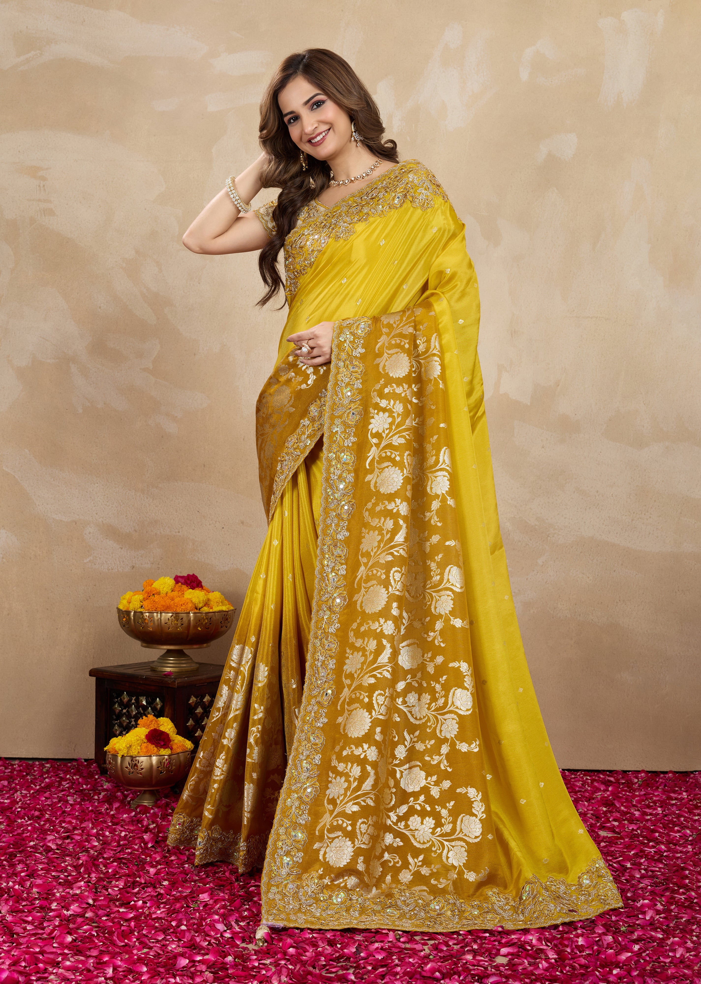 Yellow Jecquard Silk Embroidery Work Saree With Unstitched Blouse Piece For Woman's Trendmalls