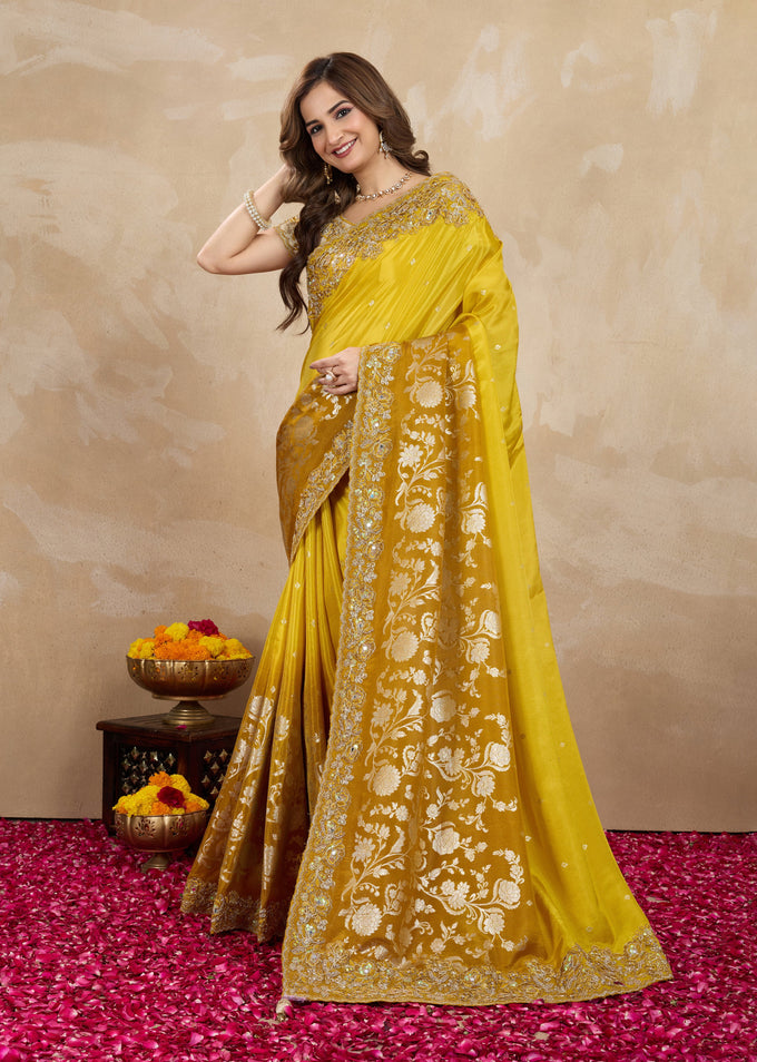 Yellow Jecquard Silk Embroidery Work Saree With Unstitched Blouse Piece For Woman's Trendmalls
