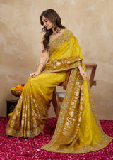 Yellow Jecquard Silk Embroidery Work Saree With Unstitched Blouse Piece For Woman's Trendmalls