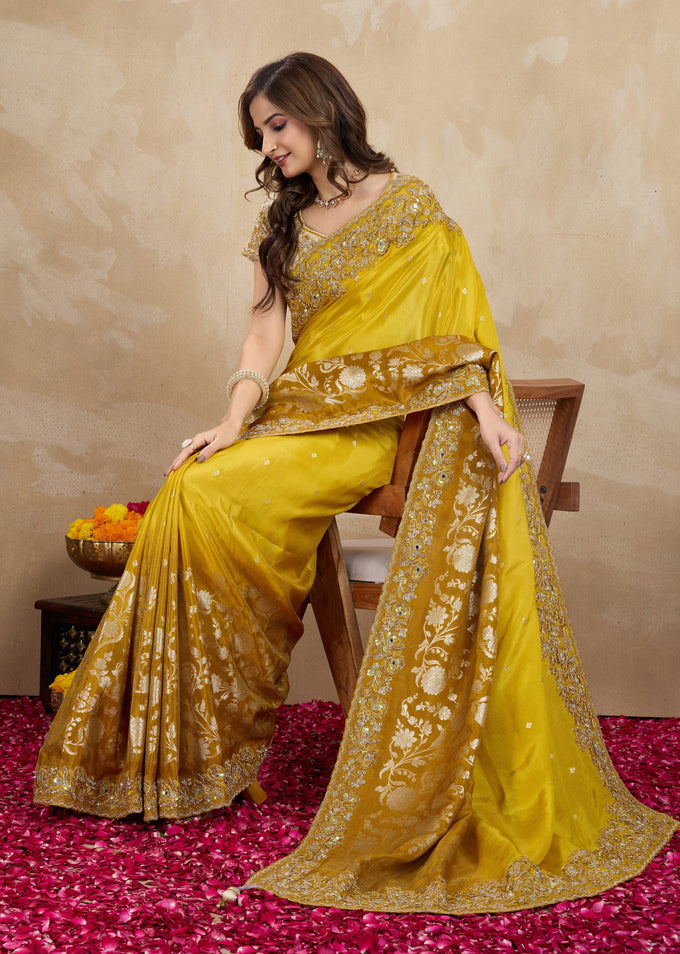 Yellow Jecquard Silk Embroidery Work Saree With Unstitched Blouse Piece For Woman's Trendmalls