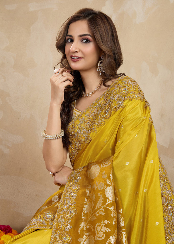 Yellow Jecquard Silk Embroidery Work Saree With Unstitched Blouse Piece For Woman's Trendmalls