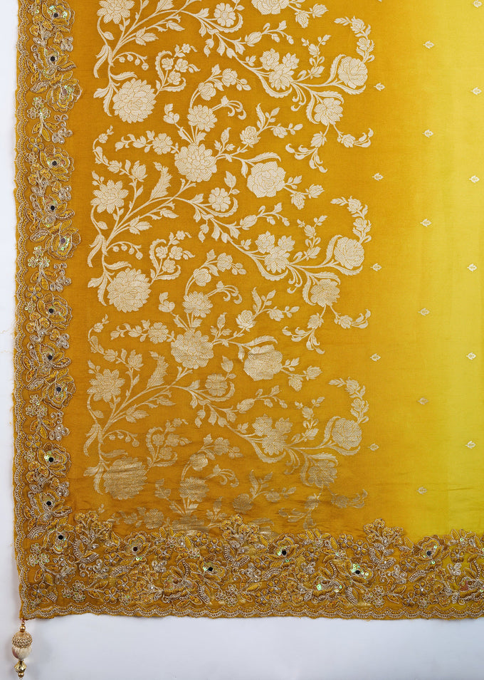 Yellow Jecquard Silk Embroidery Work Saree With Unstitched Blouse Piece For Woman's Trendmalls